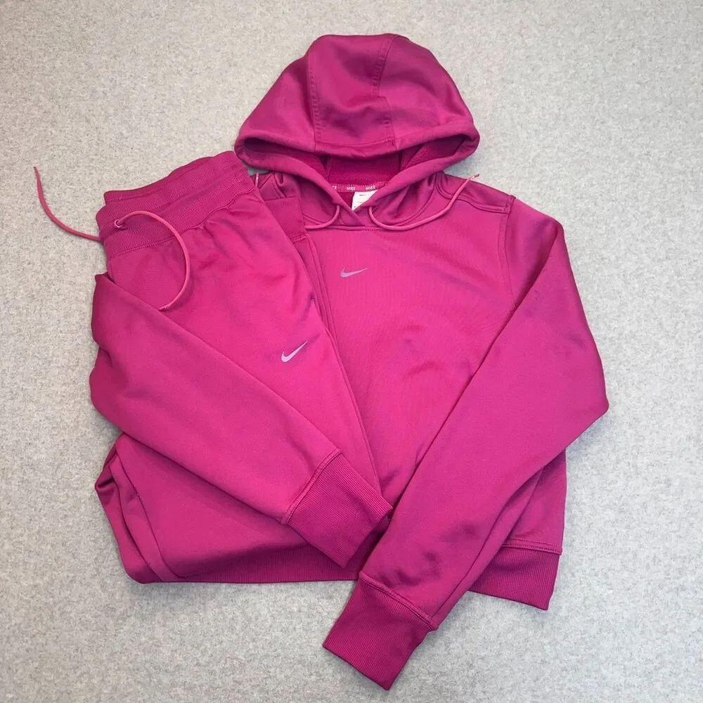 Nike Therma-FIT Fleece Matching Set Hot Fuchsia Pink Sweatshirt Joggers M Crop